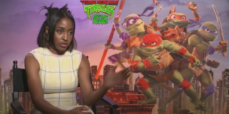 Ayo Edebiri during an interview for the 2023 film Teenage Mutant Ninja Turtles: Mutant Mayhem. 
