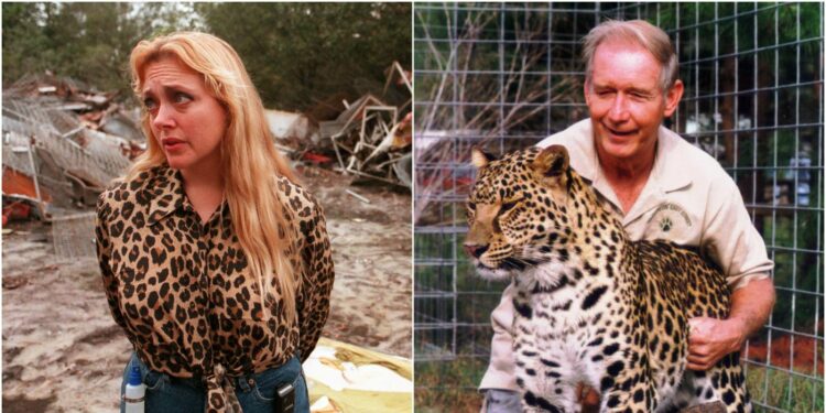 Carole Baskin on left side and Don Lewis holding a leopard