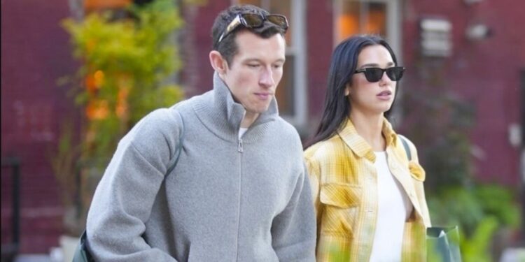 Dua Lipa and Callum Turner on a walk