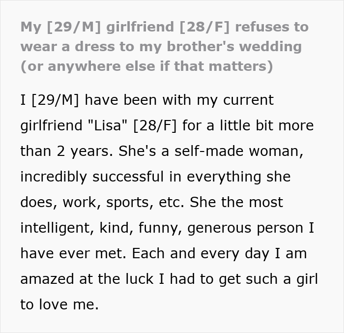 Guy Can’t Handle That His Girlfriend Refuses To Wear Dresses, Even For A Wedding