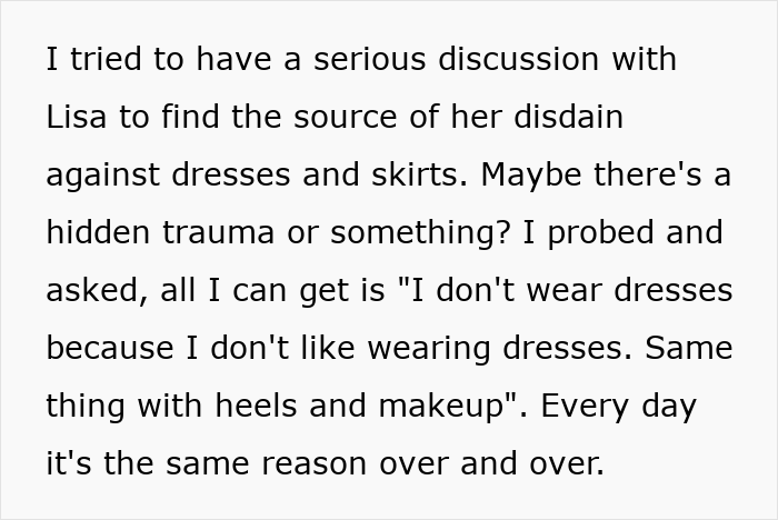 Guy Can’t Handle That His Girlfriend Refuses To Wear Dresses, Even For A Wedding
