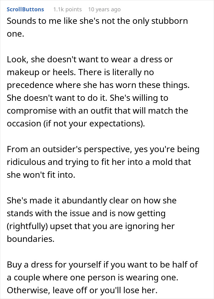 Guy Can’t Handle That His Girlfriend Refuses To Wear Dresses, Even For A Wedding