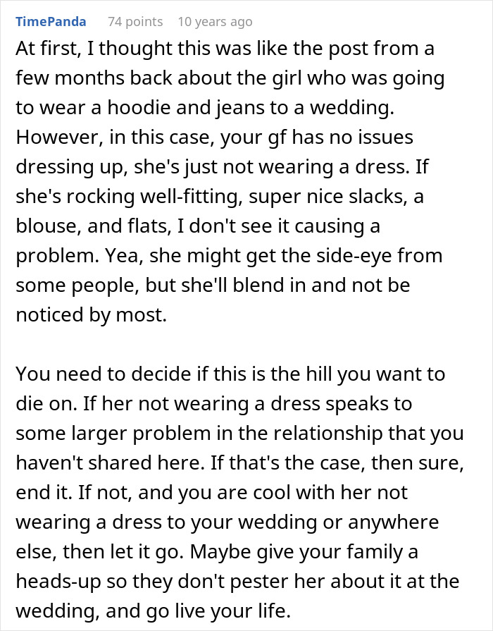 Guy Can’t Handle That His Girlfriend Refuses To Wear Dresses, Even For A Wedding