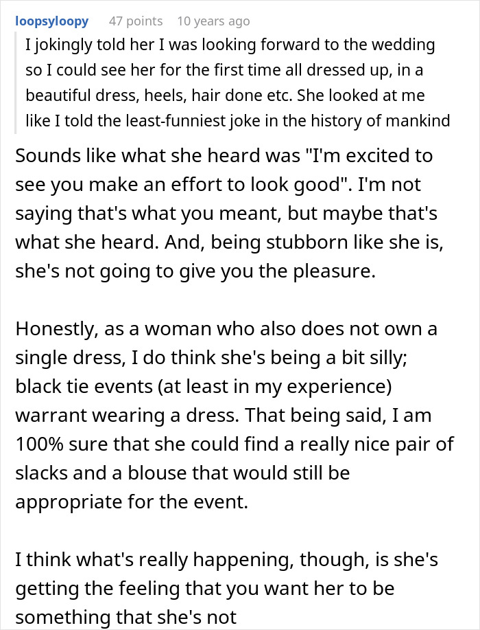 Guy Can’t Handle That His Girlfriend Refuses To Wear Dresses, Even For A Wedding