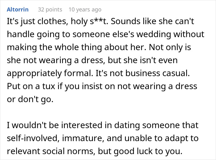 Guy Can’t Handle That His Girlfriend Refuses To Wear Dresses, Even For A Wedding