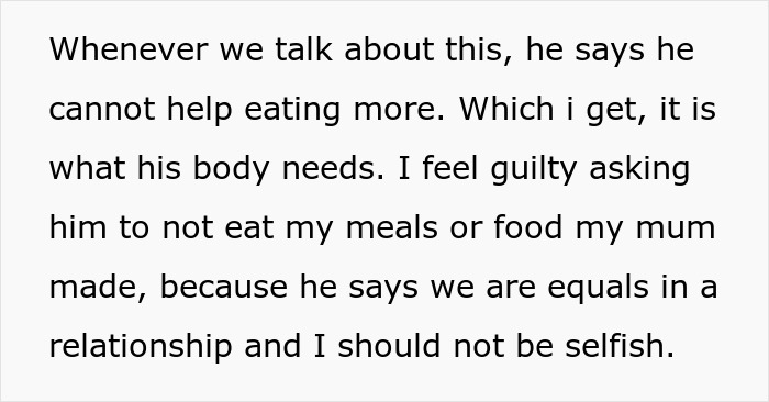 Guy Pays 50% For Meals And Groceries, GF Annoyed That He Hogs Up Her Share Of The Food As Well