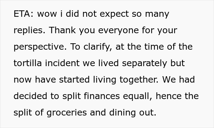 Guy Pays 50% For Meals And Groceries, GF Annoyed That He Hogs Up Her Share Of The Food As Well