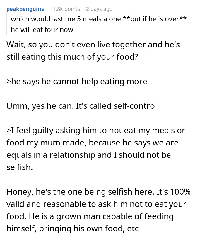 Guy Pays 50% For Meals And Groceries, GF Annoyed That He Hogs Up Her Share Of The Food As Well