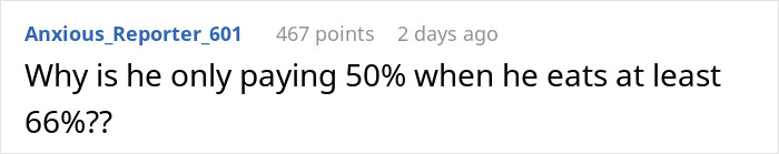 Guy Pays 50% For Meals And Groceries, GF Annoyed That He Hogs Up Her Share Of The Food As Well