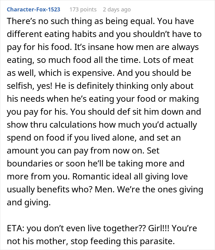 Guy Pays 50% For Meals And Groceries, GF Annoyed That He Hogs Up Her Share Of The Food As Well