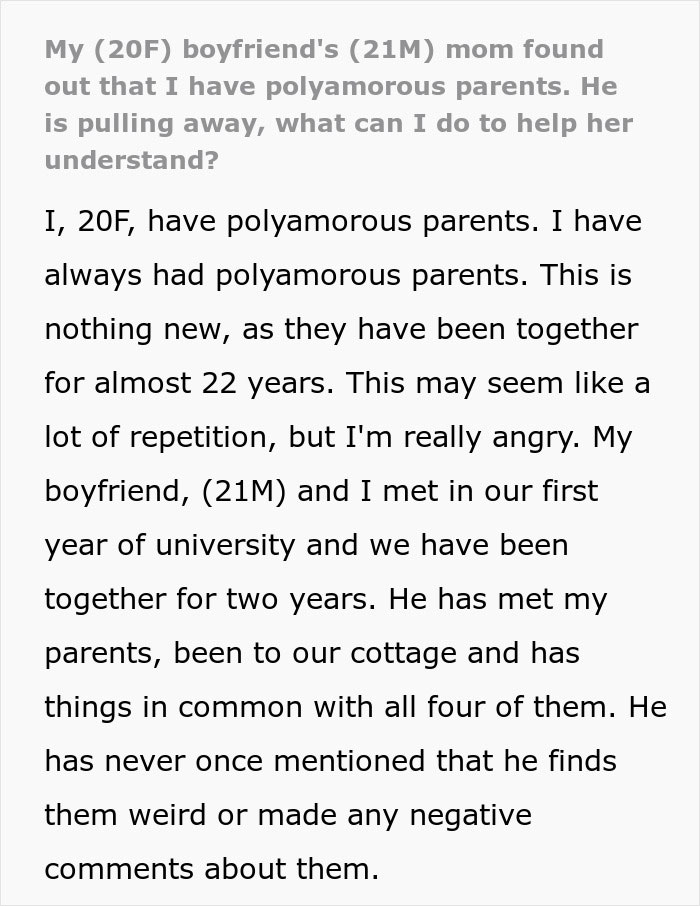 Guy&rsquo;s Mom Finds Out Woman Grew Up In A Polyamorous Family, Notices Boyfriend Pulling Away