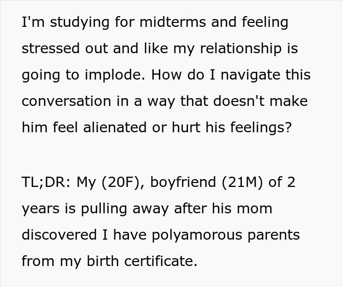 Guy&rsquo;s Mom Finds Out Woman Grew Up In A Polyamorous Family, Notices Boyfriend Pulling Away