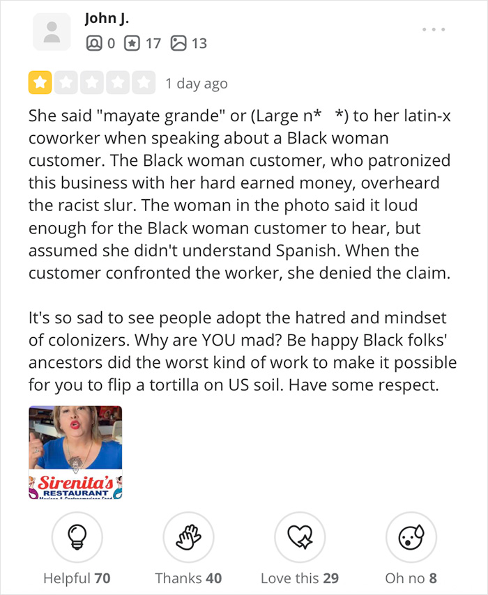 Restaurant Review-Bombed After Waitress Used Spanish Racial Slur Unaware Customer Understood
