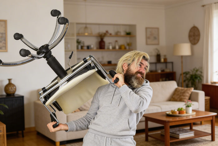 Violent Guy Smashes A Chair Through A Window, Mad As BIL Ruined His “Funny” Seat Prank