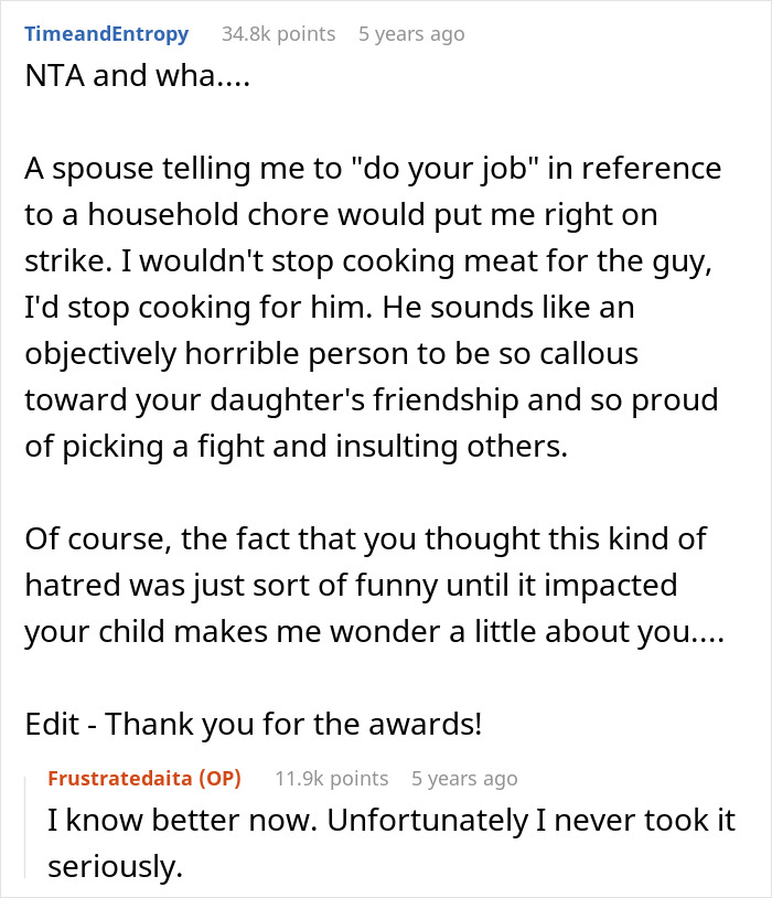 Wife Punishes Vegan-Hating Husband For Ruining Daughter&rsquo;s Only Friendship, Still Defends Him In The Comments