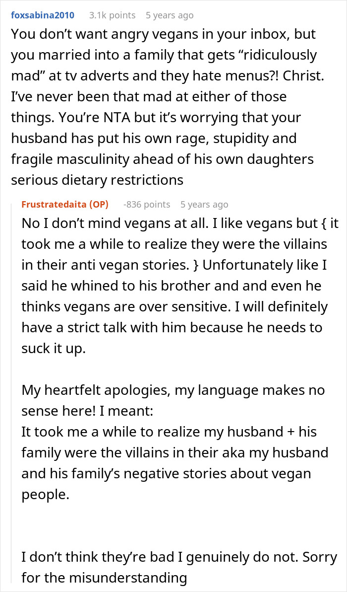 Wife Punishes Vegan-Hating Husband For Ruining Daughter&rsquo;s Only Friendship, Still Defends Him In The Comments