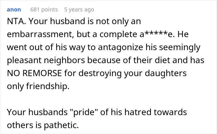 Wife Punishes Vegan-Hating Husband For Ruining Daughter&rsquo;s Only Friendship, Still Defends Him In The Comments