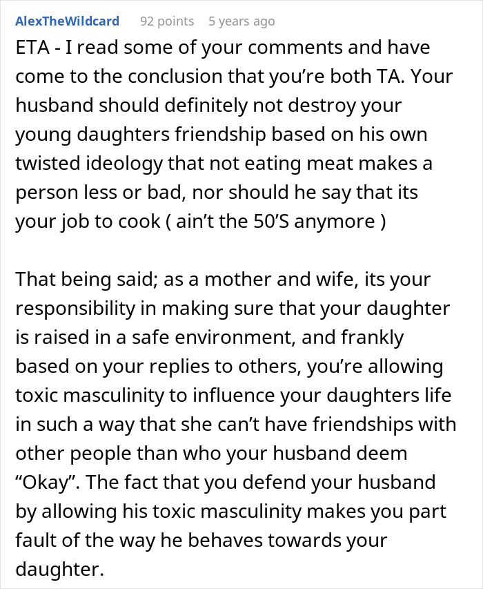 Wife Punishes Vegan-Hating Husband For Ruining Daughter&rsquo;s Only Friendship, Still Defends Him In The Comments