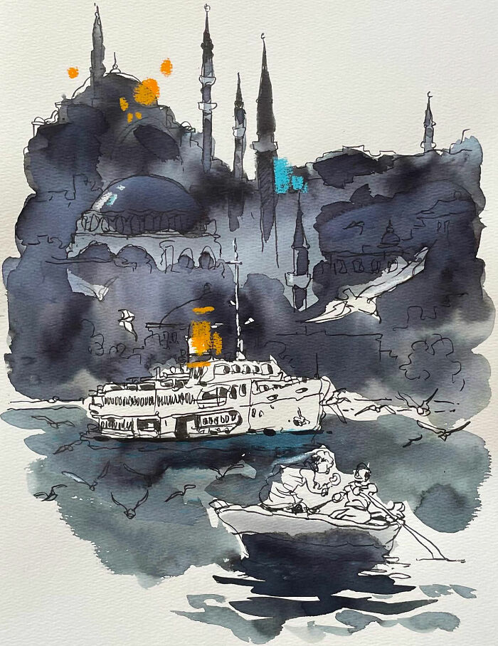This Artist Turns Ordinary Moments Into Bold Watercolor And Ink Sketches (30 Pics)