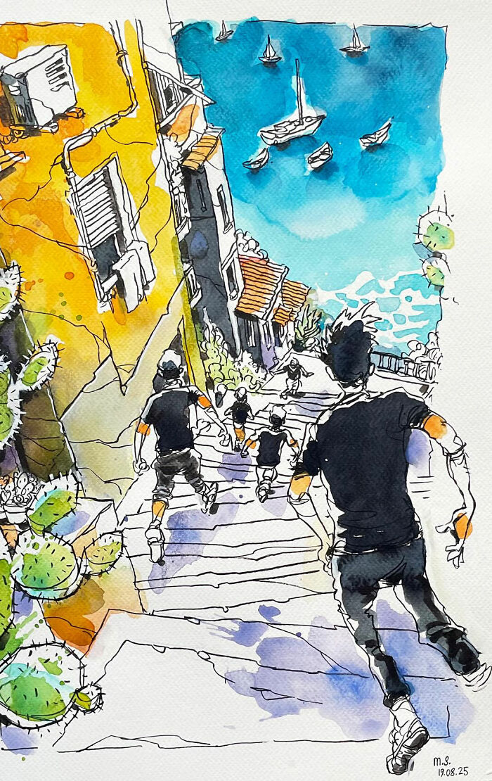 This Artist Turns Ordinary Moments Into Bold Watercolor And Ink Sketches (30 Pics)