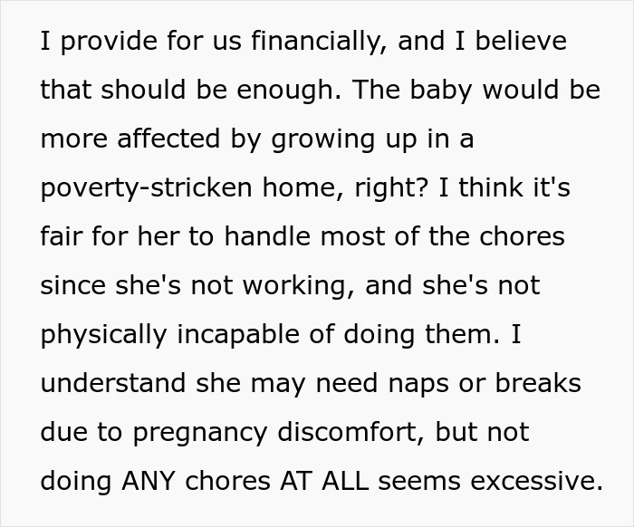 Delusional Guy Believes He Shouldn’t Help Out Pregnant Wife As He’s The Breadwinner, Gets Snubbed Delusional Guy Believes He Shouldn’t Help Out Pregnant Wife As He’s The Breadwinner, Gets Snubbed