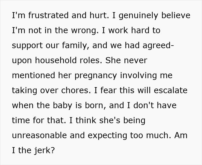 Delusional Guy Believes He Shouldn’t Help Out Pregnant Wife As He’s The Breadwinner, Gets Snubbed Delusional Guy Believes He Shouldn’t Help Out Pregnant Wife As He’s The Breadwinner, Gets Snubbed