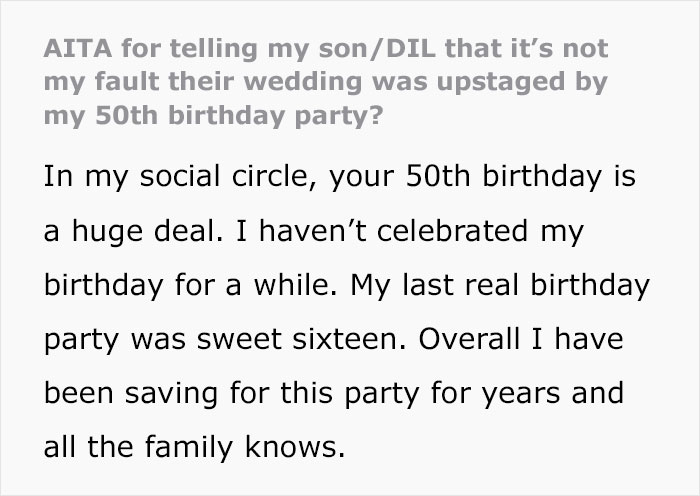Man Doesn’t Care If Mom’s Birthday Upstages His Wedding, Regrets It When Guests Start Comparing: “Huge Jerk” Man Doesn’t Care If Mom’s Birthday Upstages His Wedding, Regrets It When Guests Start Comparing: “Huge Jerk”