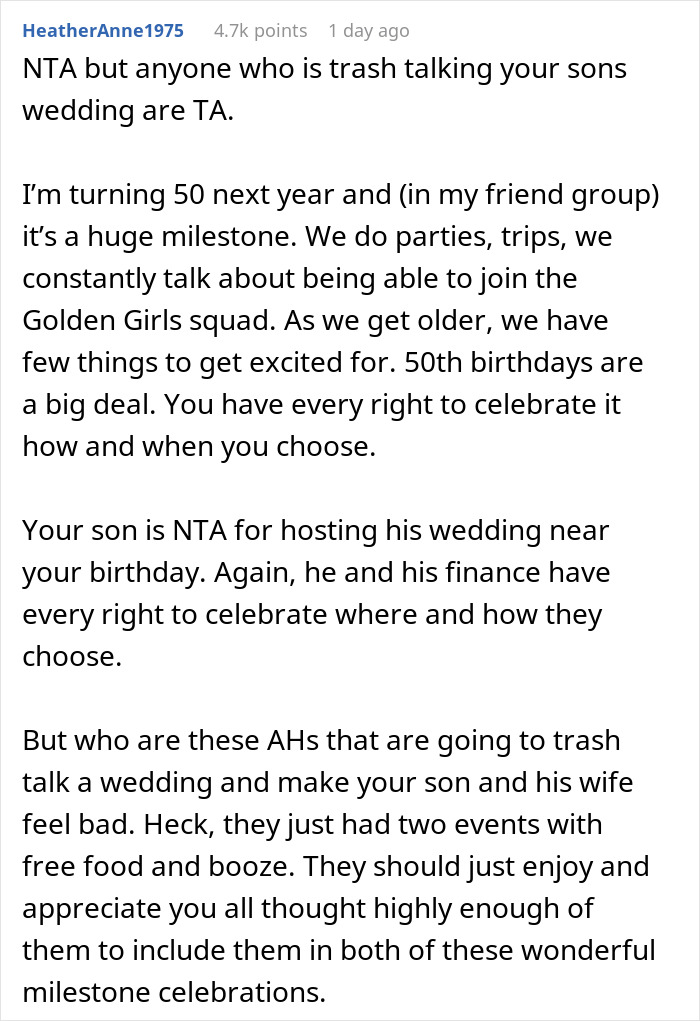 Man Doesn’t Care If Mom’s Birthday Upstages His Wedding, Regrets It When Guests Start Comparing: “Huge Jerk” Man Doesn’t Care If Mom’s Birthday Upstages His Wedding, Regrets It When Guests Start Comparing: “Huge Jerk”