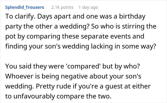 Man Doesn’t Care If Mom’s Birthday Upstages His Wedding, Regrets It When Guests Start Comparing: “Huge Jerk” Man Doesn’t Care If Mom’s Birthday Upstages His Wedding, Regrets It When Guests Start Comparing: “Huge Jerk”