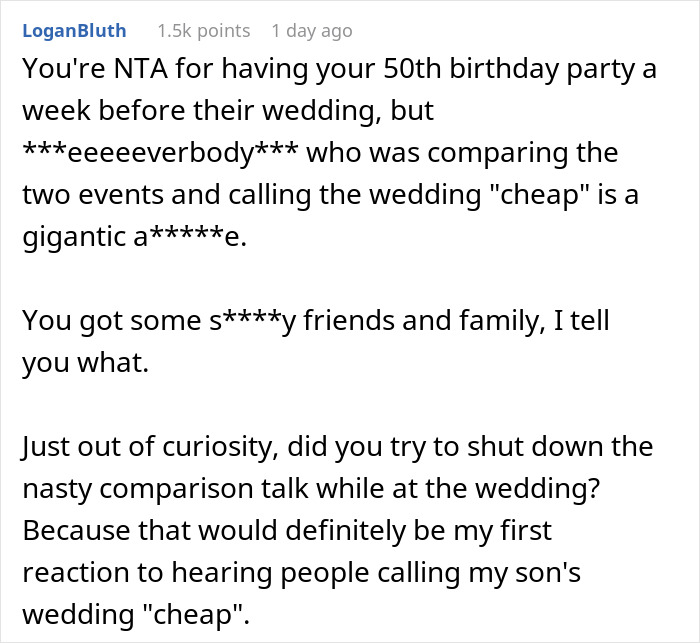 Man Doesn’t Care If Mom’s Birthday Upstages His Wedding, Regrets It When Guests Start Comparing: “Huge Jerk” Man Doesn’t Care If Mom’s Birthday Upstages His Wedding, Regrets It When Guests Start Comparing: “Huge Jerk”