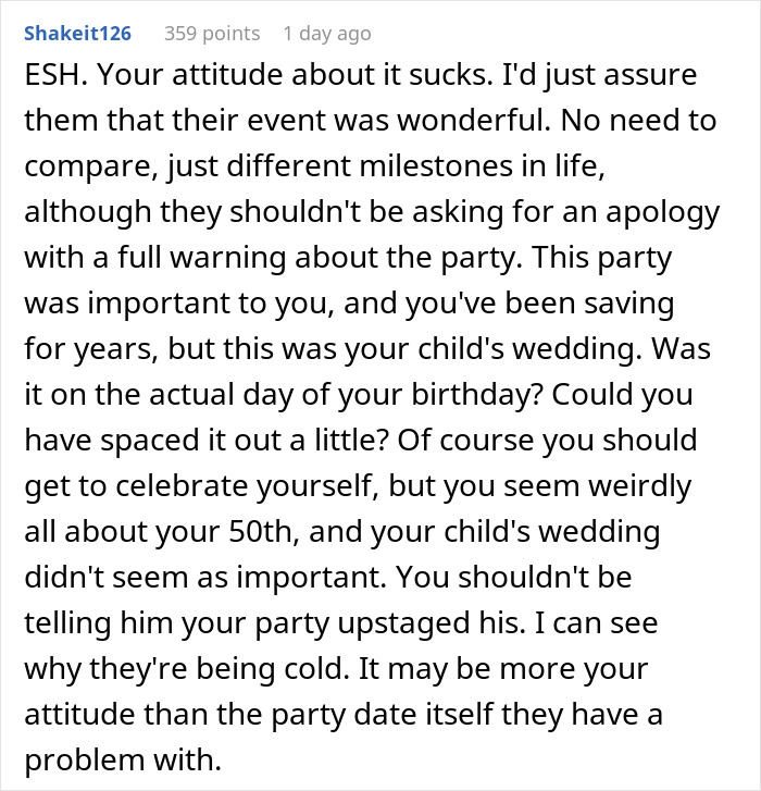 Man Doesn’t Care If Mom’s Birthday Upstages His Wedding, Regrets It When Guests Start Comparing: “Huge Jerk” Man Doesn’t Care If Mom’s Birthday Upstages His Wedding, Regrets It When Guests Start Comparing: “Huge Jerk”