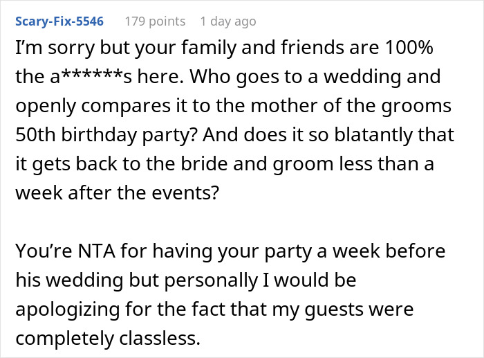 Man Doesn’t Care If Mom’s Birthday Upstages His Wedding, Regrets It When Guests Start Comparing: “Huge Jerk” Man Doesn’t Care If Mom’s Birthday Upstages His Wedding, Regrets It When Guests Start Comparing: “Huge Jerk”
