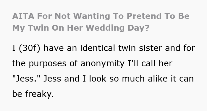 Woman Flabbergasted After Mom Offers An Absolutely Unhinged Idea To Save Her Twin Sister’s Wedding Woman Flabbergasted After Mom Offers An Absolutely Unhinged Idea To Save Her Twin Sister’s Wedding
