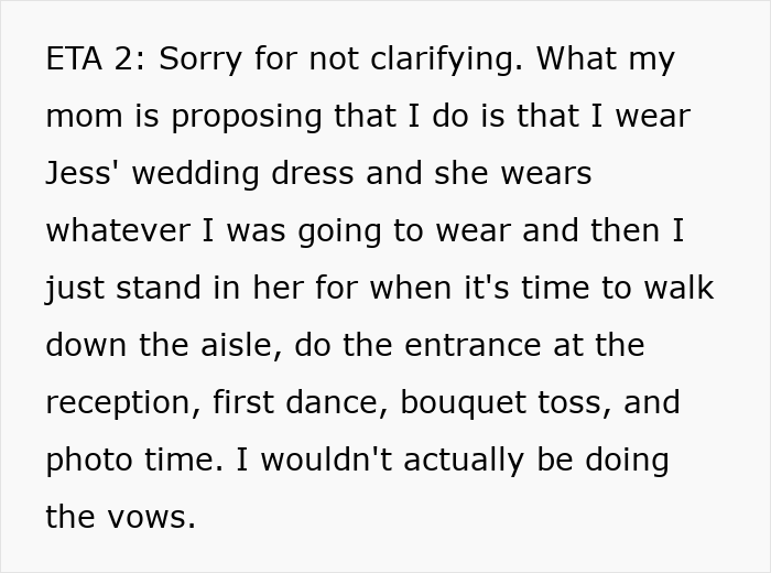 Woman Flabbergasted After Mom Offers An Absolutely Unhinged Idea To Save Her Twin Sister’s Wedding Woman Flabbergasted After Mom Offers An Absolutely Unhinged Idea To Save Her Twin Sister’s Wedding