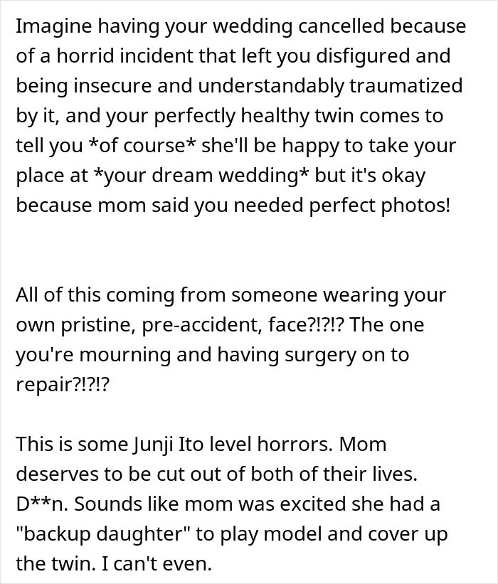 Woman Flabbergasted After Mom Offers An Absolutely Unhinged Idea To Save Her Twin Sister’s Wedding Woman Flabbergasted After Mom Offers An Absolutely Unhinged Idea To Save Her Twin Sister’s Wedding