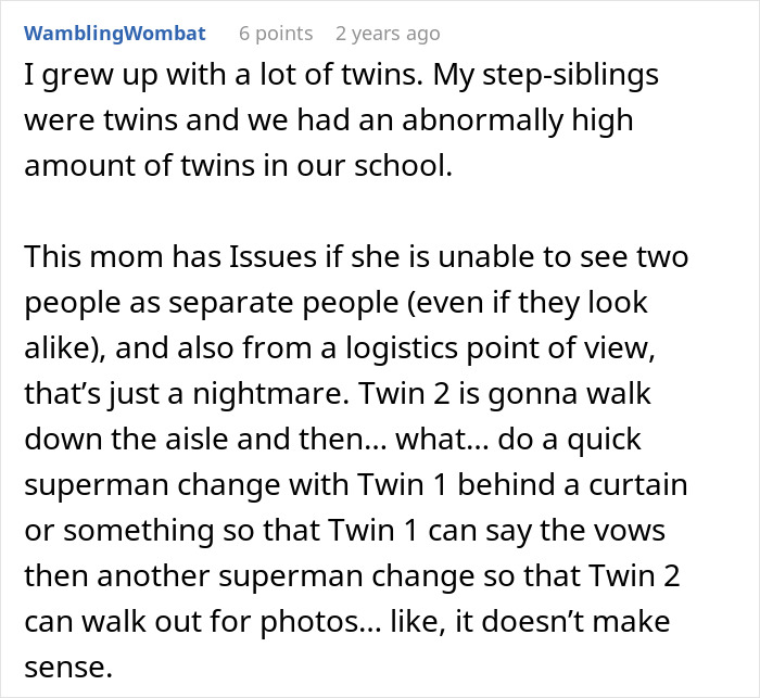 Woman Flabbergasted After Mom Offers An Absolutely Unhinged Idea To Save Her Twin Sister’s Wedding Woman Flabbergasted After Mom Offers An Absolutely Unhinged Idea To Save Her Twin Sister’s Wedding