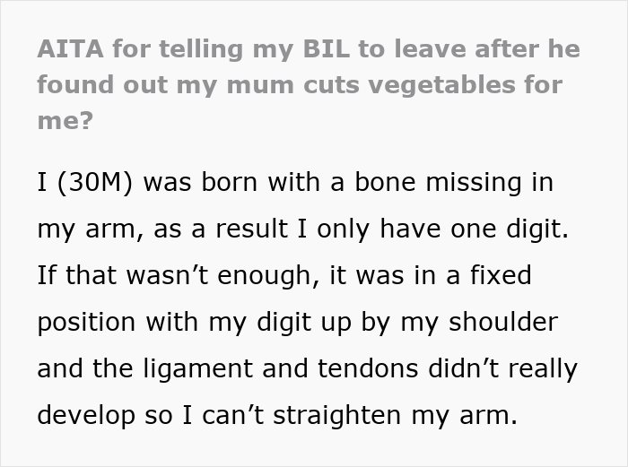 “My Mum Cuts Vegetables For Me”: Lazy BIL Can’t Handle The Fact That Guy With One Arm Can’t Use A Knife “My Mum Cuts Vegetables For Me”: Lazy BIL Can’t Handle The Fact That Guy With One Arm Can’t Use A Knife
