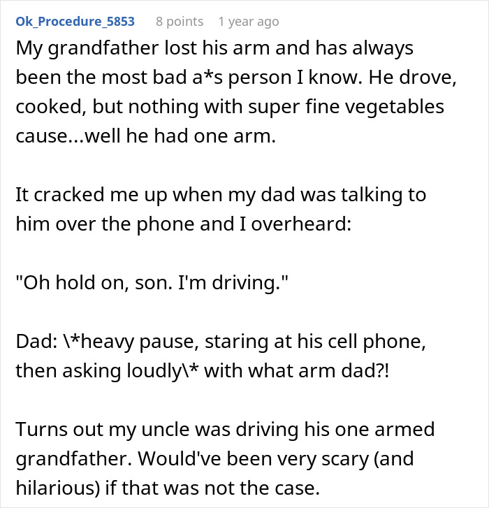 “My Mum Cuts Vegetables For Me”: Lazy BIL Can’t Handle The Fact That Guy With One Arm Can’t Use A Knife “My Mum Cuts Vegetables For Me”: Lazy BIL Can’t Handle The Fact That Guy With One Arm Can’t Use A Knife