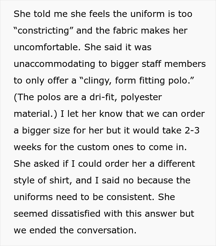 Plus-Size Employee Threatens To Quit If Boss Doesn’t Change Her Uniform, The Internet Takes Boss’ Side Plus-Size Employee Threatens To Quit If Boss Doesn’t Change Her Uniform, The Internet Takes Boss’ Side