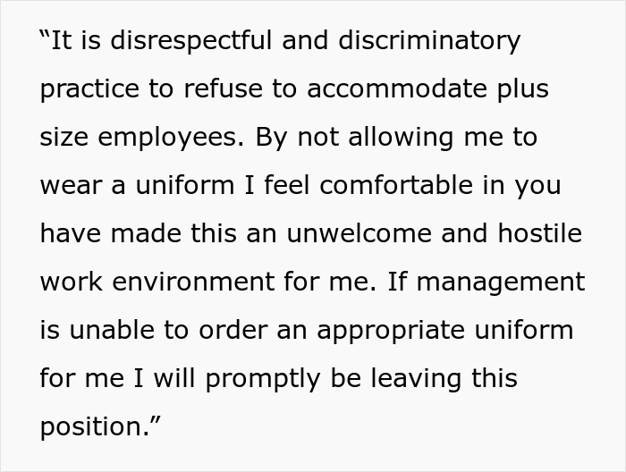 Plus-Size Employee Threatens To Quit If Boss Doesn’t Change Her Uniform, The Internet Takes Boss’ Side Plus-Size Employee Threatens To Quit If Boss Doesn’t Change Her Uniform, The Internet Takes Boss’ Side