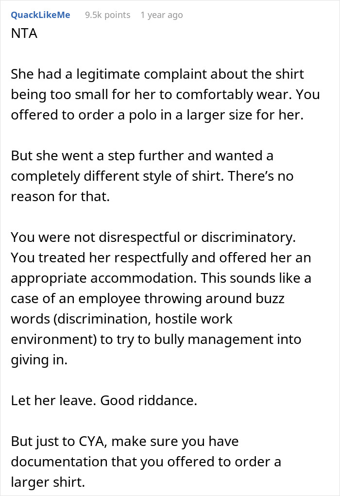 Plus-Size Employee Threatens To Quit If Boss Doesn’t Change Her Uniform, The Internet Takes Boss’ Side Plus-Size Employee Threatens To Quit If Boss Doesn’t Change Her Uniform, The Internet Takes Boss’ Side