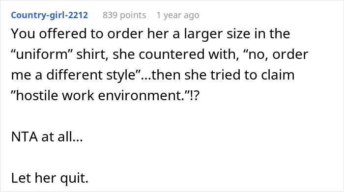 Plus-Size Employee Threatens To Quit If Boss Doesn’t Change Her Uniform, The Internet Takes Boss’ Side Plus-Size Employee Threatens To Quit If Boss Doesn’t Change Her Uniform, The Internet Takes Boss’ Side