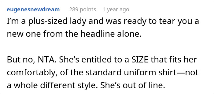Plus-Size Employee Threatens To Quit If Boss Doesn’t Change Her Uniform, The Internet Takes Boss’ Side Plus-Size Employee Threatens To Quit If Boss Doesn’t Change Her Uniform, The Internet Takes Boss’ Side