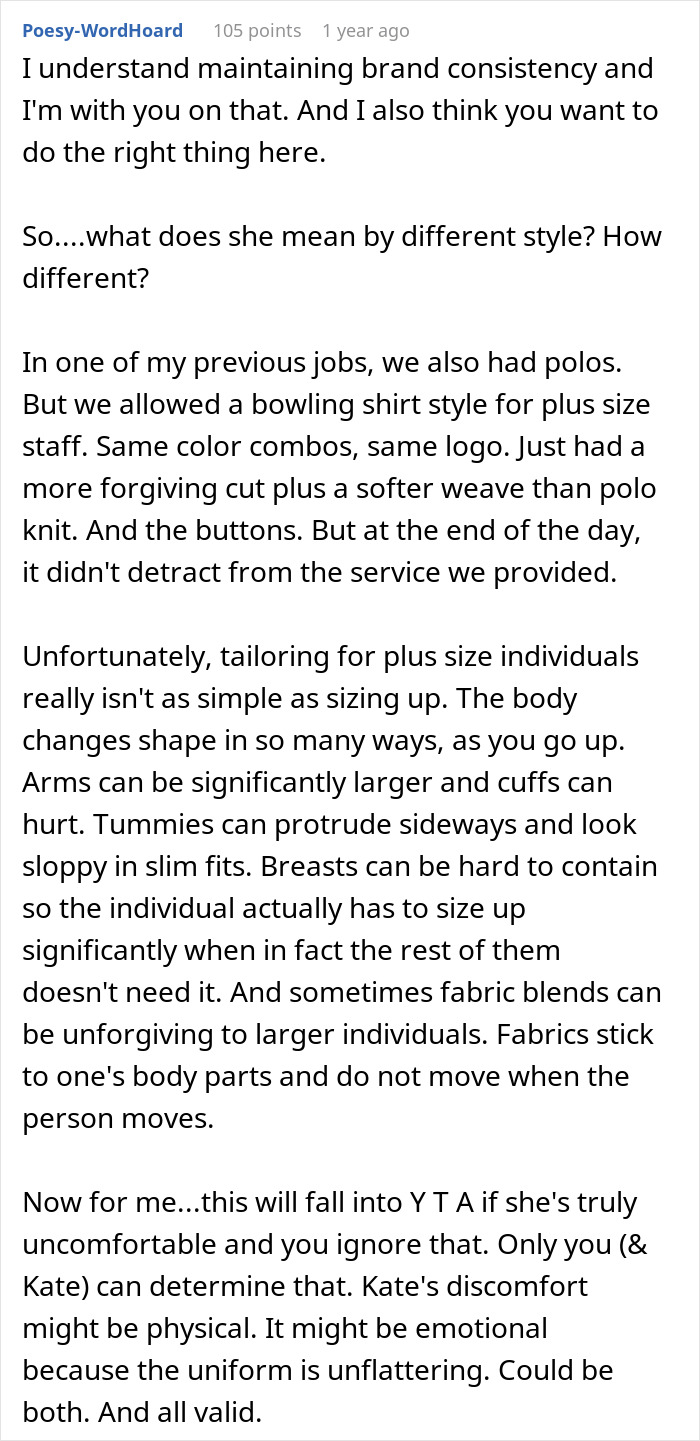 Plus-Size Employee Threatens To Quit If Boss Doesn’t Change Her Uniform, The Internet Takes Boss’ Side Plus-Size Employee Threatens To Quit If Boss Doesn’t Change Her Uniform, The Internet Takes Boss’ Side