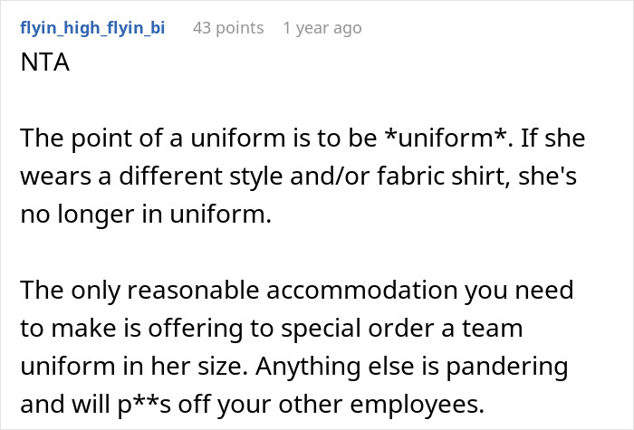Plus-Size Employee Threatens To Quit If Boss Doesn’t Change Her Uniform, The Internet Takes Boss’ Side Plus-Size Employee Threatens To Quit If Boss Doesn’t Change Her Uniform, The Internet Takes Boss’ Side
