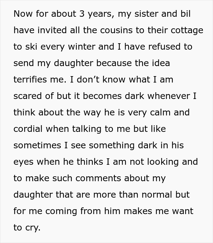 Woman Has Horrible Feeling About BIL, Refuses To Let Her Daughter Near Him: “Makes Me Want To Cry”