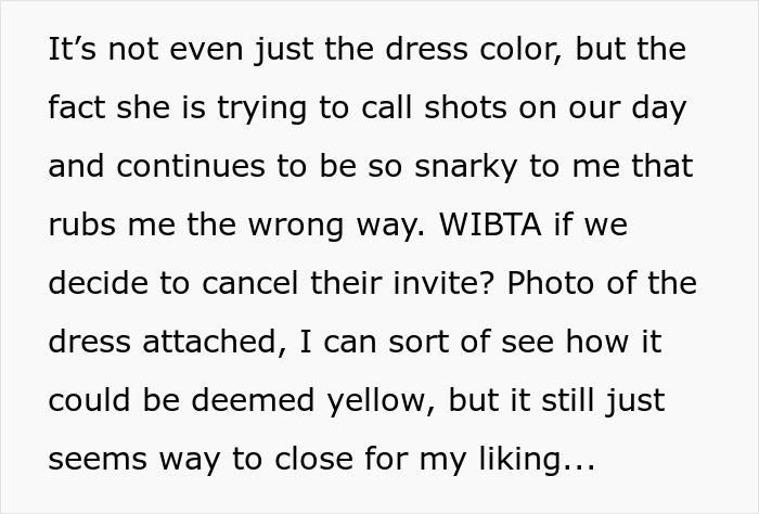Woman Wants To Wear White Dress To Wedding: “It’s A Yellow Dress Sweetie, Calm Down” Woman Wants To Wear White Dress To Wedding: “It’s A Yellow Dress Sweetie, Calm Down”