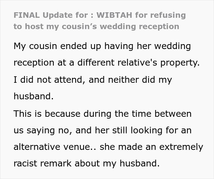 Woman Agrees To Host Cousin’s Wedding At Her Home, Pulls The Plug After Bridezilla Shows Her True Colors Woman Agrees To Host Cousin’s Wedding At Her Home, Pulls The Plug After Bridezilla Shows Her True Colors