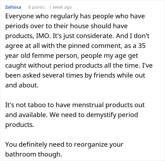 Man Stashes Midol And Tampons In Bathroom For Friends, One Guest Starts Drama Over Virtue Signaling