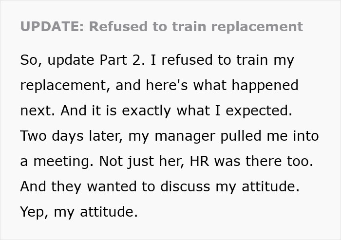 HR Dumbfounded When Employee Refuses To Train A New Employee For Free And Resists Firing